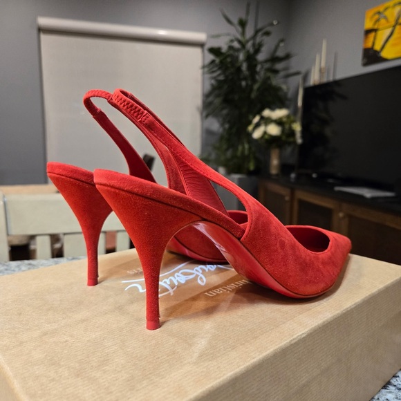 NEW Christian Louboutin Clare Sling 80mm Size 39 in Fiery Red Suede - Picture 9 of 13